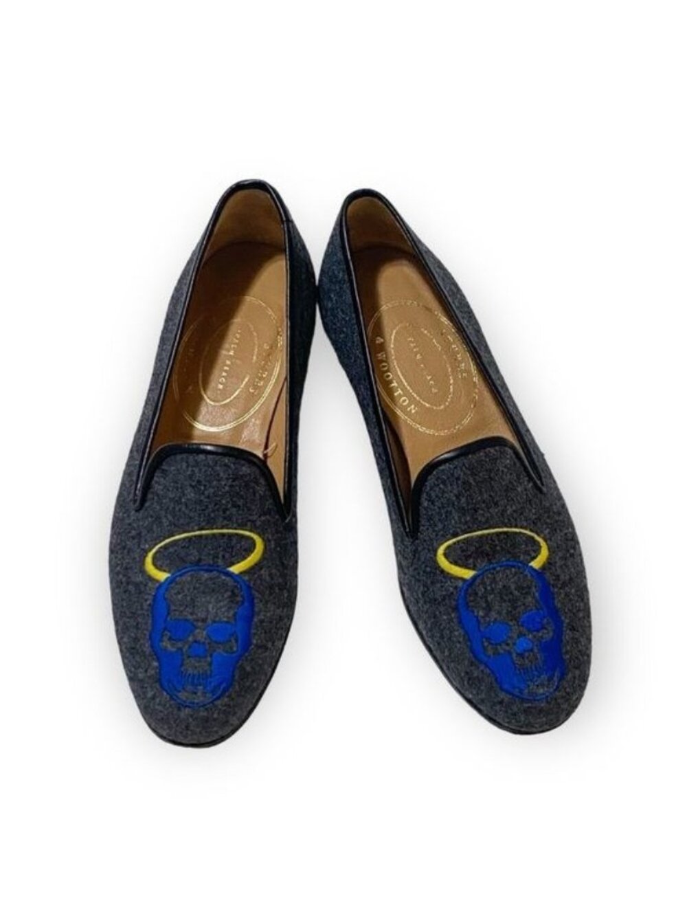 Stubbs & Wootton Gray Flannel Skull Halo Embroidered Loafers Size 6